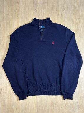 Vintage Ralph Lauren Navy Quarter Zip Sweater with Red Pony XXL